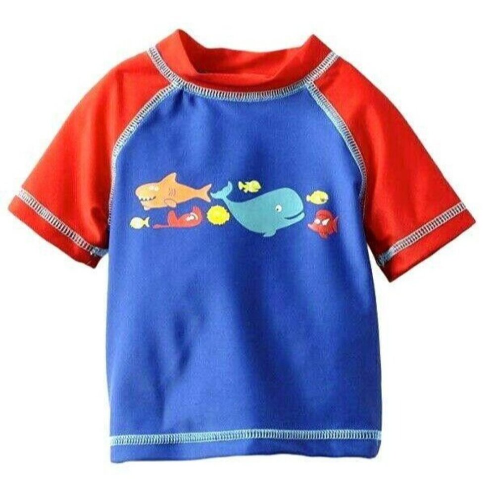 Little Me Swim Rash Guard Fish Shark Whale Blue Red UPF +50 Beach Size 6-9 Mos